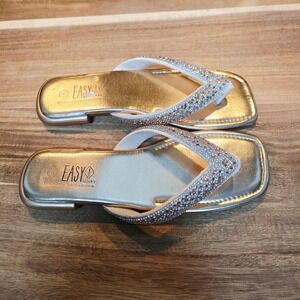 Easy USA NEW Gold Rhinestone Embellished Square Toe Thong Sandals Womens 8